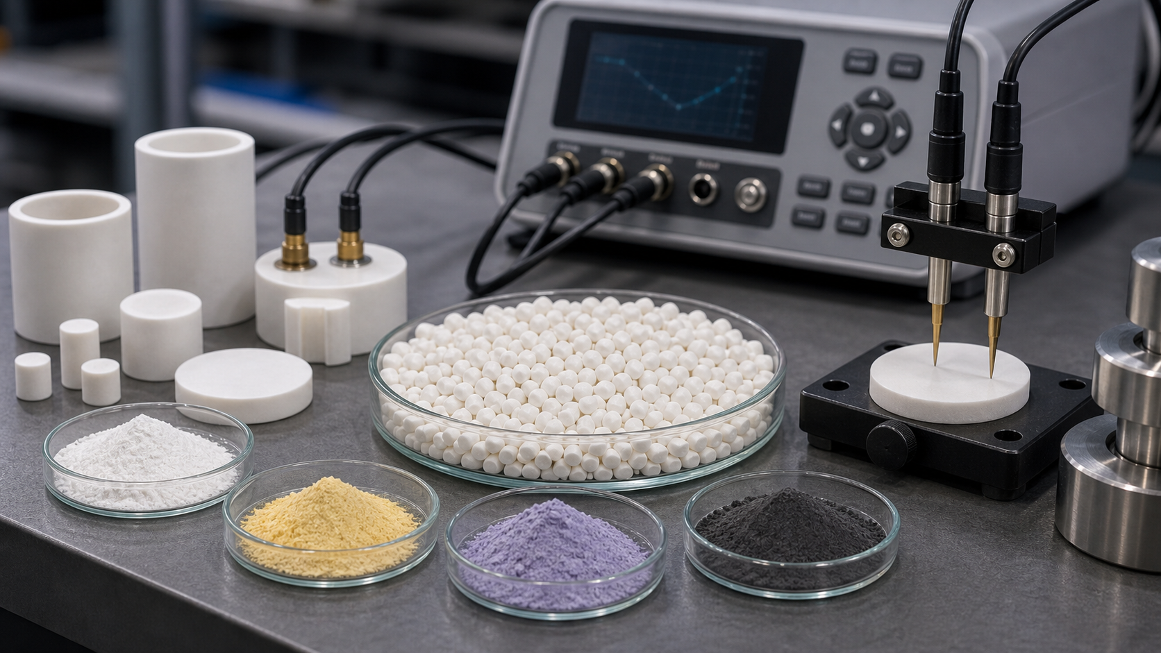 Alumina ceramic pellets, dopant powders, and electrical resistivity measurement probes in a materials lab